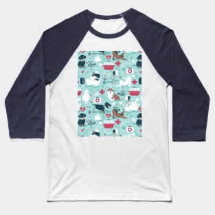 Veterinary medicine, happy and healthy friends // pattern // aqua background red details navy blue white and brown cats dogs and other animals Baseball T-Shirt